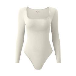 Xunerloy Body Damen Elegant Langarm Bodysuit Gerippt Nahtlos Yoga Top Jumpsuit oberteile Tanga Eckiger Ausschnitt Beige M von Xunerloy