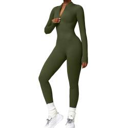 Xunerloy Damen Sport Jumpsuit Lang Eng Yoga Overall Langarm V-Ausschnitt Gerippte Playsuits mit Reißverschluss Jogging Strampler Hosenanzug Trainingsanzug Olivgrün S von Xunerloy