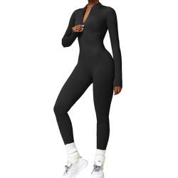 Xunerloy Damen Sport Jumpsuit Lang Eng Yoga Overall Langarm V-Ausschnitt Gerippte Playsuits mit Reißverschluss Jogging Strampler Hosenanzug Trainingsanzug Schwarz L von Xunerloy