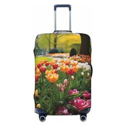 Xzeit Reisegepäckhülle, Koffer-Schutz, bunte Tulpen, Blumen und Bäume, elastisch, waschbar, dehnbar, kratzfest, passend für 45,7 - 81,3 cm Gepäck, Schwarz , S von Xzeit