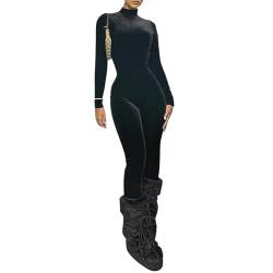 Xzpuz Damen Samt Langarm Mock Neck Hohe Taille Reißverschluss Bodycon Jumpsuits Ganzkörper Einteiler Outfits, Schwarz, Medium von Xzpuz