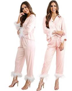 Damen-Pyjama mit Federbesatz, Seide, lange Sets, Button-Down, 2-teiliges Satin-Pyjama-Set, seidiger Pyjama, Loungewear, Nachtwäsche, blush, 36 von Y WJing Yi Jia