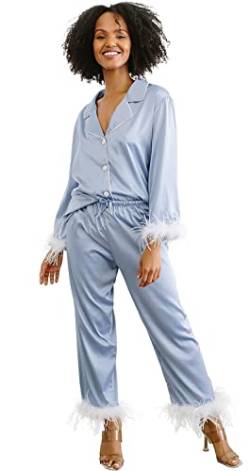 Damen-Pyjama mit Federbesatz, Seide, lange Sets, Button-Down, 2-teiliges Satin-Pyjama-Set, seidiger Pyjama, Loungewear, Nachtwäsche, dusty blue, 46 von Y WJing Yi Jia