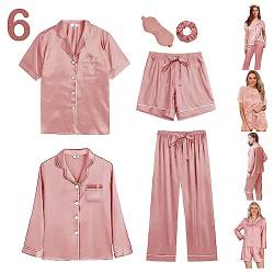 Y WJing Yi Jia 6Pcs Damen Seide Satin Pyjama Sets Pyjamas Set Pjs Set Button Down Pj Sets Nachtwäsche Loungewear, Pale Rose, 48 von Y WJing Yi Jia