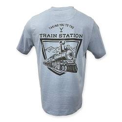 Yellowstone Dutton Ranch Train Station Graphic Pocket T-Shirt, Mountain Blue Heather, L von Y Yellowstone