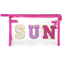 Y1tvei Clear SUN Make-up-Tasche – adrette violette Sonnen-Chenille-Kosmetiktasche, PVC, transparenter Reißverschluss, wasserdicht, Strand-Make-up-Tragetasche, tragbarer Reise-Kulturbeutel für Damen von Y1tvei