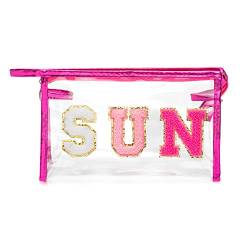 Y1tvei Preppy Patch SUN Varsity Brief Kosmetiktasche Transparent PVC Reißverschluss Make-up Tasche Clutch Geldbörse Tragbar Wasserdicht Reise Organizer konforme Tasche für Frauen Mädchen Teenager von Y1tvei