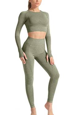 YACUN Damen Workout Outfit 2 Stück hoch taillierte Nahtlose Leggings Yoga Leggings mit Langen Ärmeln Crop Top Gym Kleidung Set Amygreen S (34) von YACUN