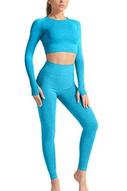 YACUN Damen Workout Outfit 2 Stück hoch taillierte nahtlose Leggings Yoga Leggings mit langen Ärmeln Crop Top Gym Kleidung Set Cuiblue L (38) von YACUN