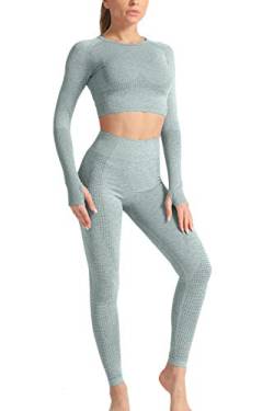 YACUN Damen Workout Outfit 2 Stück hoch taillierte nahtlose Leggings Yoga Leggings mit langen Ärmeln Crop Top Gym Kleidung Set Hellgrün M (36) von YACUN