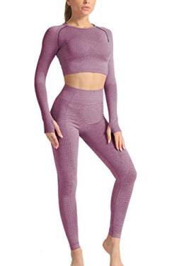 YACUN Damen Workout Outfit 2 Stück hoch taillierte nahtlose Leggings Yoga Leggings mit langen Ärmeln Crop Top Gym Kleidung Set Wein M (36) von YACUN