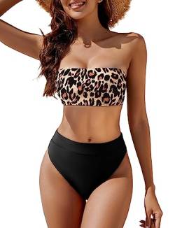 YACUN Damen Zweiteiliger Bandeau-Bikini, Badeanzug, schulterfrei, frech, hohe Taille, Badeanzüge, Leopardenmuster, Schwarz, XL von YACUN