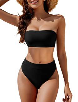 YACUN Damen Zweiteiliger Bandeau-Bikini Schulterfrei Freche hohe Taille Badeanzüge, Schwarz, XL von YACUN