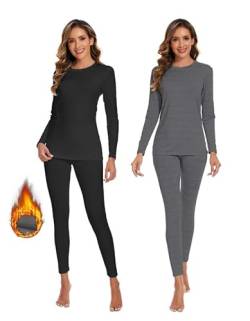 YADIFEN Damen Thermounterwäsche Set 2er Atmungsaktiv Damen Winter Warme Unterwäsche Skiunterwäsche Damen, Winter Thermo Base Layer für Alltag, Skifahren, Wandern, Joggen,Sport,Schwarz+Grau,L von YADIFEN