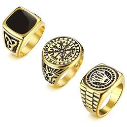 YADCOA 3Pcs Wide Siegelring Edelstahl Ringe Herren Männer Krone Kompass Gold Vintage Hip Hop Rock Wikinger Ringe Gothic Biker Ring Set Herren Verlobungsringe Größe 11 von YADOCA