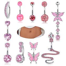 YADOCA 10Pcs 14G Bauchnabelpiercing für Damen Chirurgenstahl Rosa Bauch Piercing CZ Schmetterling Schlange Clicker Nabel Ringe Körper Piercing Schmuck von YADOCA