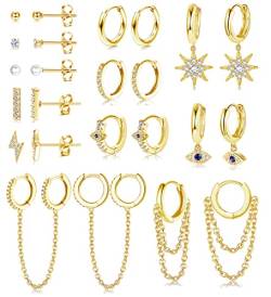 YADOCA 12 Paar Kleine Ohrstecker Set für Damen Mädchen Edelstahl Huggies Creolen Ohrring Evil Eye Stern Perle Kugel Kette Creolen Knorpel Tragus Ohrringe für Frauen von YADOCA