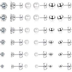 YADOCA 18 Paare Edelstahl Silber Ohrringe für Damen Mädchen Runde Ball Zirkonia Faux Perle Ohrringe Stecker Set Ohr Piercing Ohrstecker Verschiedene Größen (3-8mm) von YADOCA