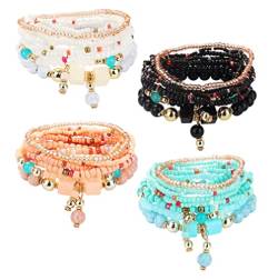 YADOCA 4 Sets Böhmische Stretch Perlen Armbänder für Damen Mädchen Mehrreihiges Beads Armband Stapelbar Armband Set Multicolor Schmuck von YADOCA