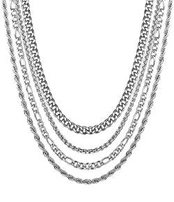 YADOCA 4PCS Silber Kette Herren Edelstahl Halskette für Männer Frauen Kubanisches Seil Figaro Box Kette Herren Halskette, Geschenke für Damen Mädchen Männer Jungs von YADOCA
