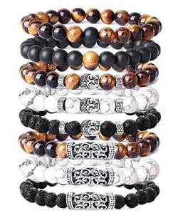 YADOCA 8 Stücke 8 MM Beads Armbänder für Herren Männer Lava Tigerauge Armband Buddha Kopf Armband Gothic Punk Armband Set von YADOCA