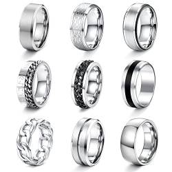 YADOCA 9 Stück Ringe Herren Silber Edelstahl Matt Finish Poliert Bandringe Ketten Ringe Flaschenöffner Ringe Ehering Verlobung Versprechen Vintage Fidget Ring für Männer Damen 67 von YADOCA