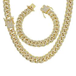 YADOCA Iced Out Kette Herren Cuban Link Chain Miami Kubanische Kette Halskette Armband Gold Silber Kette Bling Diamant Kette Armband Hip Hop Schmuck für Männer Frauen von YADOCA