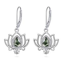 Lotus Ohrringe 925er Sterlingsilber Moosachat Blumen Ohrhänger Schmuck Geschenke für Damen Mädchen Mutter (Moosachat) von YAFEINI