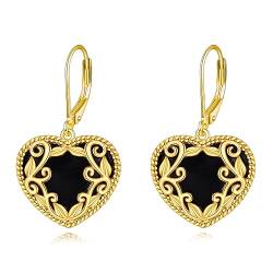 Schwarze Onyx Ohrringe Sterling Silber 18K Gelb Gold überzogene filigrane Herz Brisur-Ohrringe Boho Drop Ohrringe Schmuck Geschenke für Damen Mädchen von YAFEINI