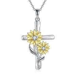 YAFEINI Kreuz Kette Damen 925 Sterling Silber Sonnenblume Anhänger Halskette für Mädchen Glaube Religiös Schmuck Geschenk (Sonnenblume) von YAFEINI