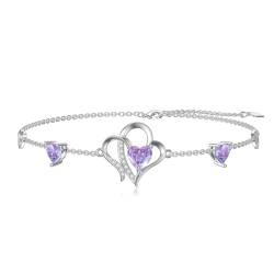 YAFEINI Liebe Herz Armbänder Sterling Silber Amethyst Armband für Damen Silber Verstellbares Armband Schmuck Geschenke für Sie (Amethyst Armband) von YAFEINI