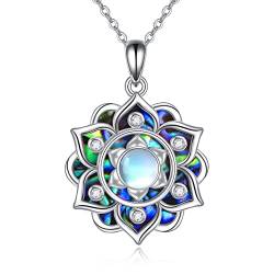 YAFEINI Lotus Halskette 925 Sterling Silber Mondstein Anhänger Halskette Abalone Shell Yoga Lotus Schmuck für Frauen von YAFEINI