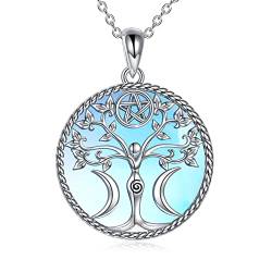 YAFEINI Mondstein Baum des Lebens Kette Sterling Silber Lebensbaum Halskette Pentagramm Pentagramm Triple Moon Göttin Anhänger Halskette Pagan Wiccan Magie Amulett Schmuck für Damen Herren von YAFEINI