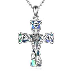 YAFEINI Schottische Distel Kreuz Halskette 925 Sterling Silber Vintage Anhänger Abalone Shell Kreuz Schmuck Geschenke Für Frauen Männer von YAFEINI