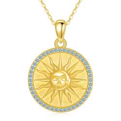 YAFEINI Sonne Münze Kette für Damen 925 Sterling Silber Geburtsstein März Gold Anhänger Halskette Sonne Schmuck Geschenk von YAFEINI