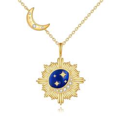 YAFEINI Sonne und Mond Kette Damen 925 Sterling Silber Golden Mond Stern Anhänger Halskette Gold Sonne Schmuck Geschenk von YAFEINI