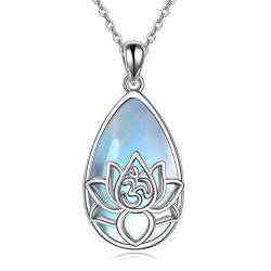 YAFEINI Yoga Lotus Blume Anhänger Halskette mit Mondstein Sterling Silber Lotus Blume Teardrop Anhänger Schmuck für Frauen von YAFEINI