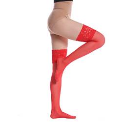 YAGAXI Damen Oberschenkel-hohe Sheer-Strümpfe - 15D Spitzenborte mit Silikon Seidig Halbtransparente Nylon-Strumpfhose Socken(Rot-15D,L) von YAGAXI