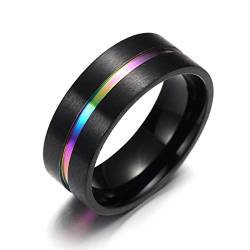 YAHOYA Schwarzes Titan Edelstahl Einfacher Ring Ehering 8mm Bunte Regenbogen Paar Ring von YAHOYA