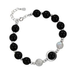 YAIEWNE Armband, 925 Rundes Schwarzes Achat-Mondlicht-Armband, Hochwertiger Damen-Perlen-Armreif, Verstellbarer Perlen-Manschette, Unisex-Schmuck, Festival-Geschenk? Freundschaft von YAIEWNE