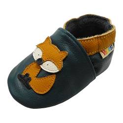 YALION Baby Junge Mädchen Weicher Leder Lauflernschuhe Krabbelschuhe Babyhausschuhe mit Wildledersohlen(20/21EU, Dunkelgrün Fuchs-09) von YALION