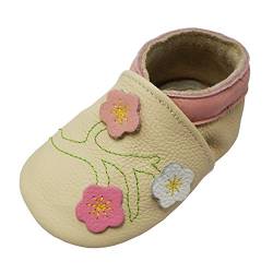 YALION Baby Mädchen Weiches Leder Lederpuschen Kleinkinder Krabbelschuhe mit Süßen Blumen Beige,EU 20/21=M von YALION