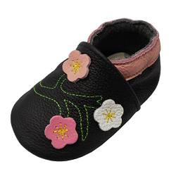 YALION Baby Mädchen Weiches Leder Lederpuschen Kleinkinder Krabbelschuhe mit Süßen Blumen Schwarz,22/23=L von YALION