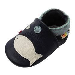 YALION Krabbelschuh Babyschuh Lauflernschuh Jungen Mädchen Baby Weicher Flexibles Leder mit Mokassins Wildledersohlen Elastische Knöchel Lederpuschen(Dunkel Blau Fisch,0-6 Monate, 18-19 EU) von YALION