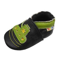 YALION Krabbelschuh Babyschuh Lauflernschuh Jungen Mädchen Baby Weicher Flexibles Leder mit Mokassins Wildledersohlen Elastische Knöchel Lederpuschen(Schwarz Grün,0-6 Monate, S,18-19 EU) von YALION