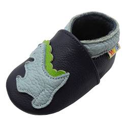 YALION Premium Weich Leder Babyschuhe Krabbelschuhe Lauflernschuhe Hausschuhe mit Dinosaurier Marineblau, EU 24/25=XL von YALION