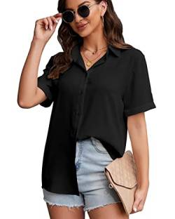 Damen Button Down Shirt Klassisch Langarm Kragen Tops Arbeit Büro Chiffon Bluse, schwarz 2, Klein von YAMANMAN