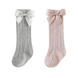 YAMEE Kniestrümpfe Sommer Mädchen Bogen 2 Paar,Kindersocken Knielang,Lange Socken Sommersocken mit Süße Schleifen für Baby Kinder 0-5 Jahren von YAMEE