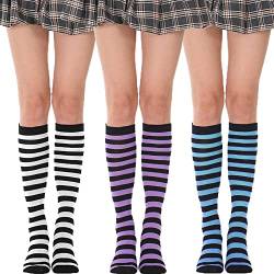 YAMEE Kniestrümpfe damen Socken Streifen, Strümpfe damen ,Gestreifte Socken College Socken Strümpfe Kniestrumpf für Damen (3 Paare) von YAMEE