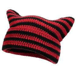 YAMEIZE Cat Ear Striped Knitted Mütze - für Damen Herren Trendy Warm Y2K Weich mit Cat Ear Striped Beanie Soft Strickmützen Winter Cap Girls Outdoor von YAMEIZE